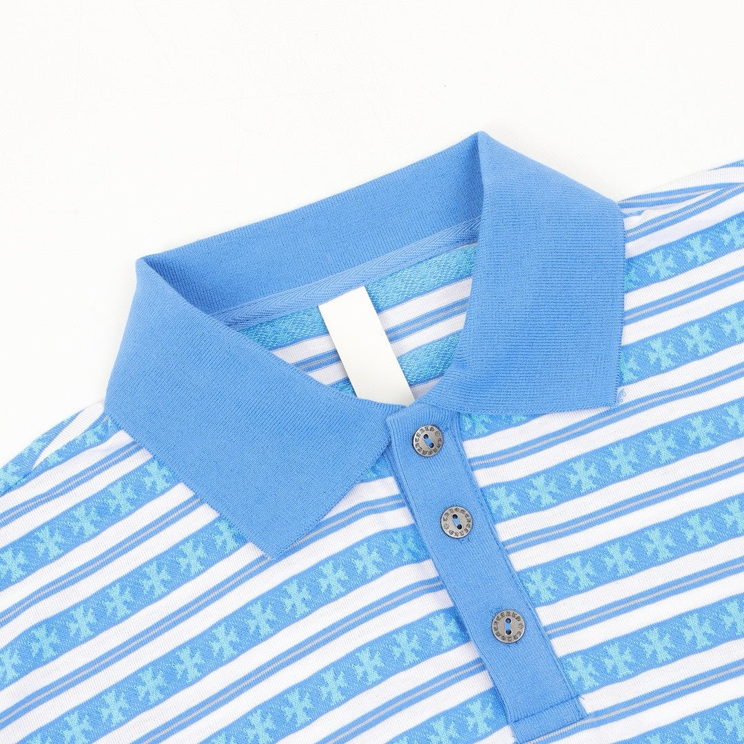 Chrome Hearts Cross Stripe Long-Sleeve Polo Shirt — Blue