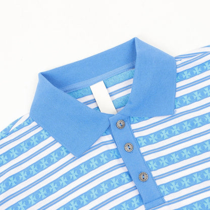 Chrome Hearts Cross Stripe Long-Sleeve Polo Shirt — Blue