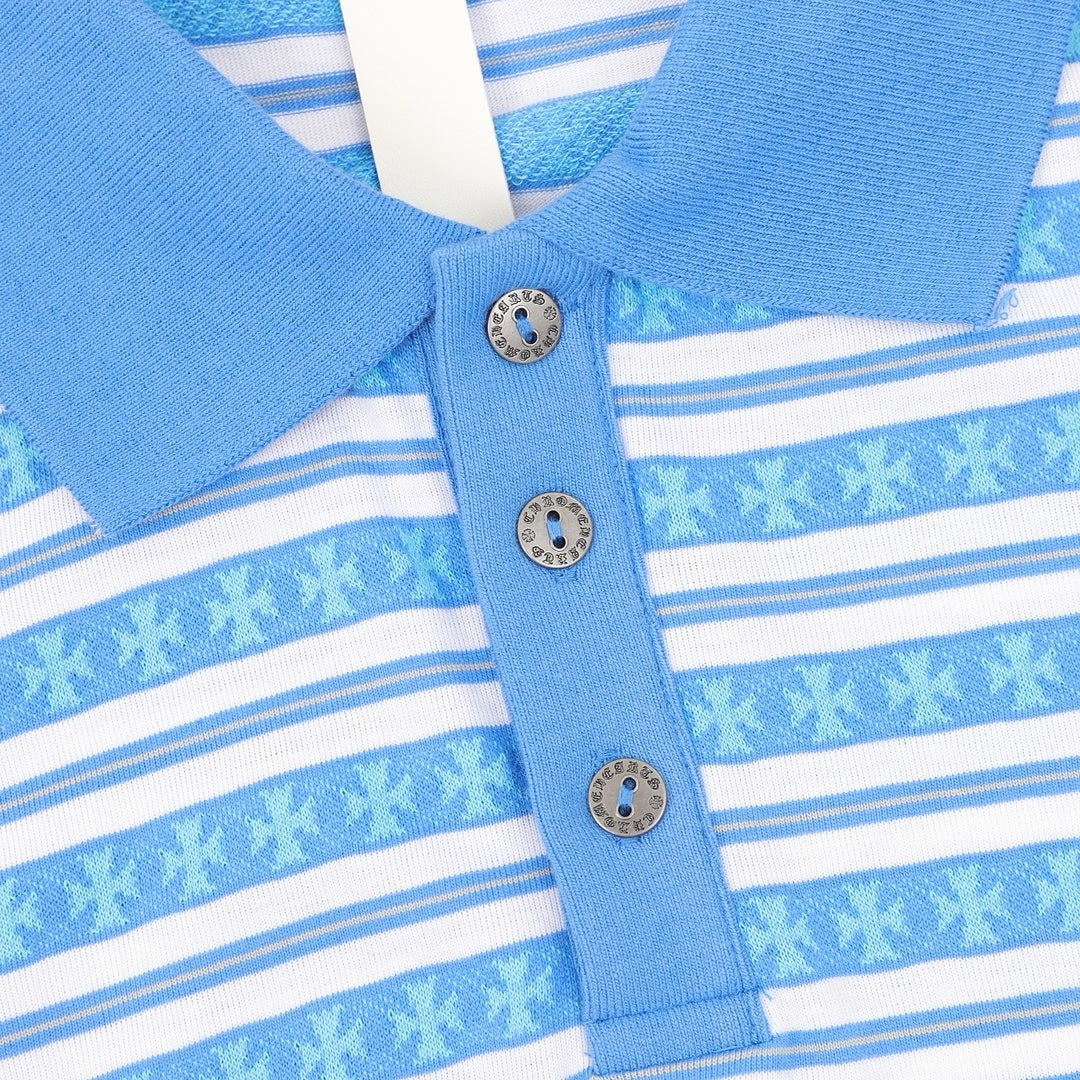 Chrome Hearts Cross Stripe Long-Sleeve Polo Shirt — Blue