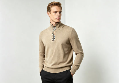 Burberry Vintage Check Half-Zip Knit Sweater — Camel