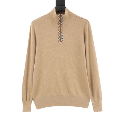 Burberry Vintage Check Half-Zip Knit Sweater — Camel
