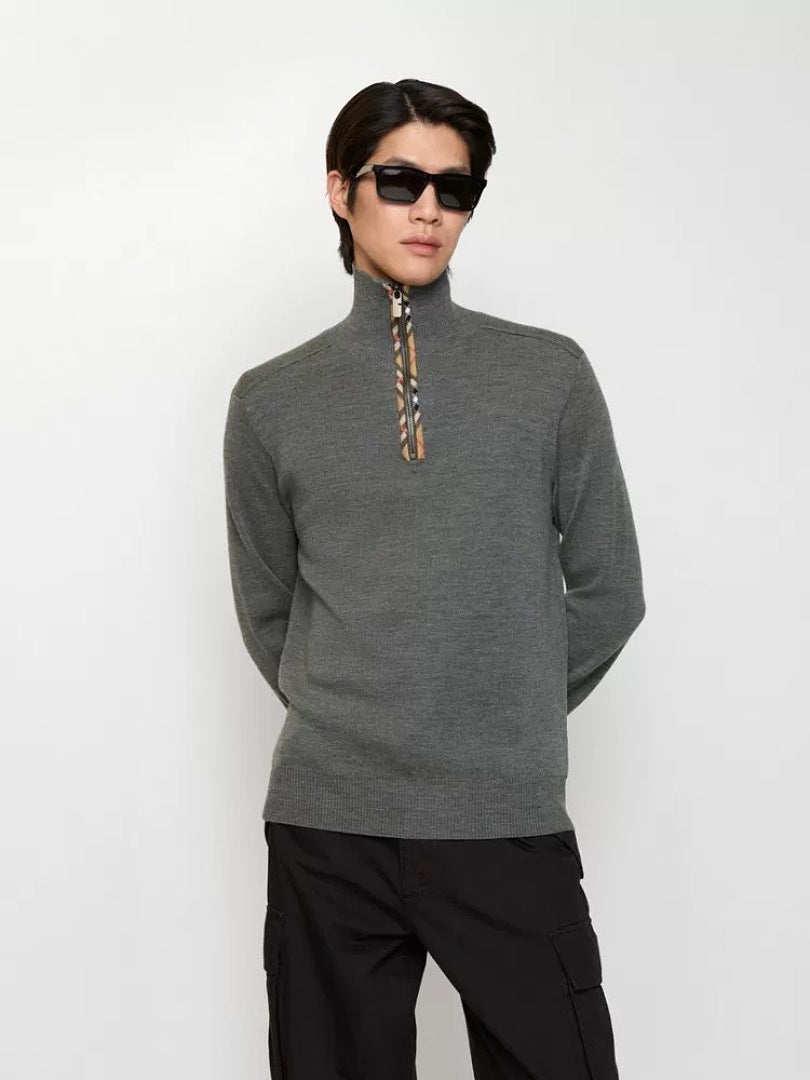 Burberry Vintage Check Half-Zip Knit Sweater — Grey Melange