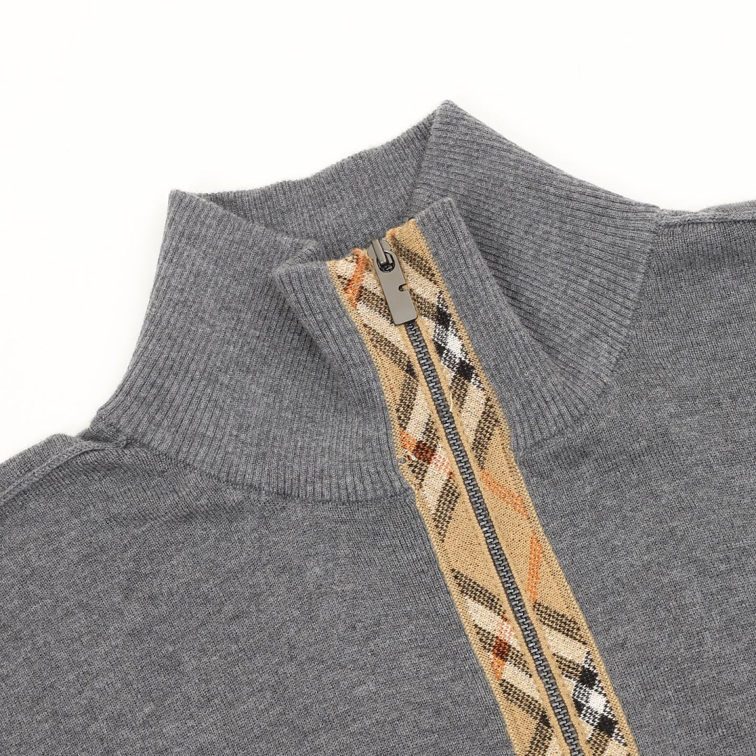 Burberry Vintage Check Half-Zip Knit Sweater — Grey Melange